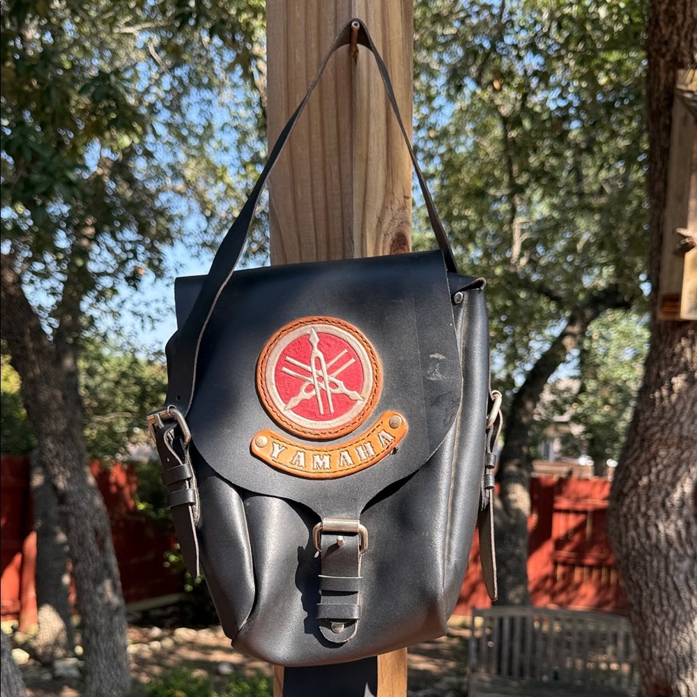 Vintage Yamaha Black and Red Leather Saddlebag